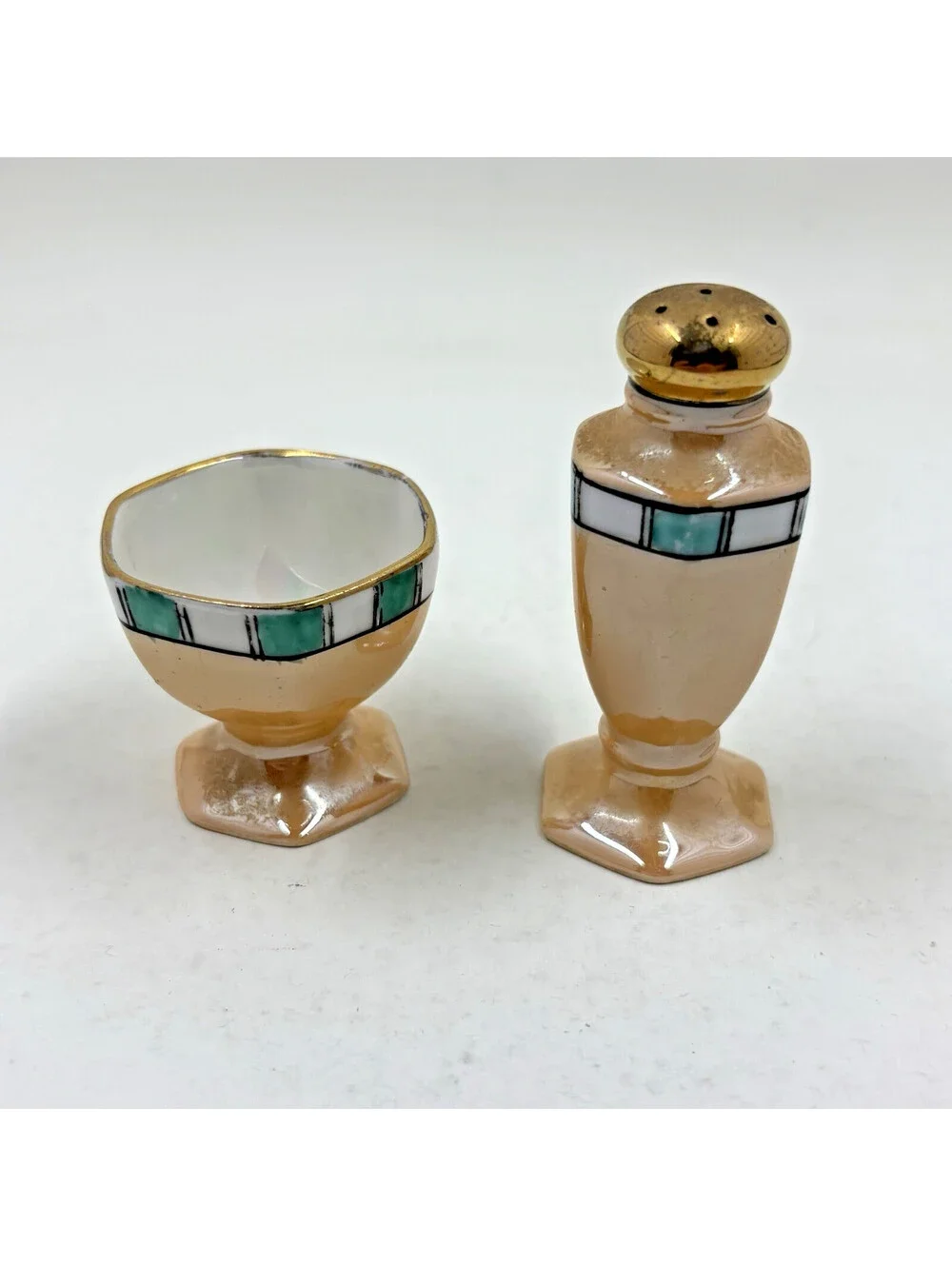 Vintage Japanese Lusterware Art Deco style Salt and Pepper shaker and cup